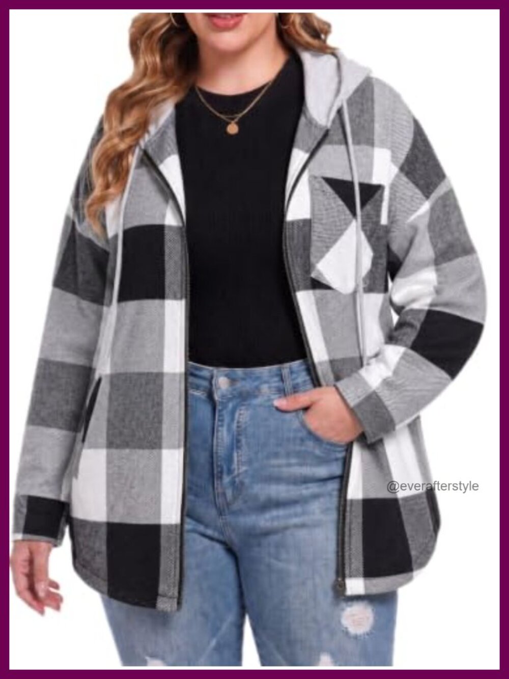 Plus Size Hooded Flannel Shacket Zip Up Plaid Jacket